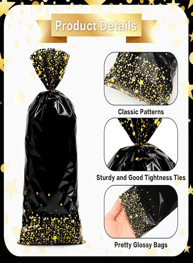 Linsuminn Black Gold Party Favor Bags, 100 PCS Black Gold Treat Bags, Plastic Star Dot Candy Cookie Goodie Gift Bag Holiday Snack Treat Bag with Gold Twist Tie for New Year Birthday Wedding Party Favor Supplies - Image 4